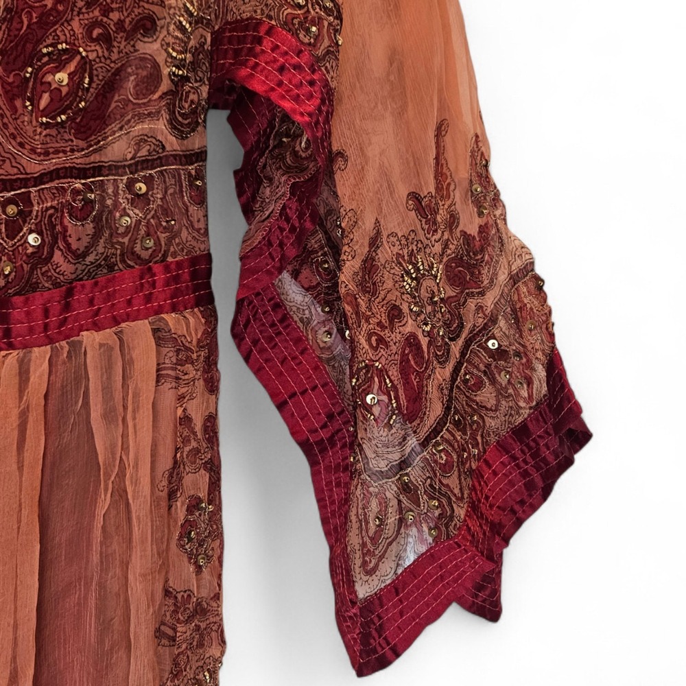 Chaudry Kaftan Slip Dress Small Red Embroidered Mesh Flowy Sleeves Beaded Boho - Picture 4 of 15
